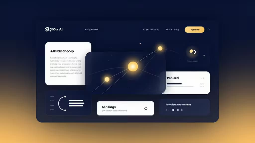 Illustration abstraite d'une landing page assemblée par IA avec des blocs de texte, des graphiques de conversion et des nœuds de données connectés