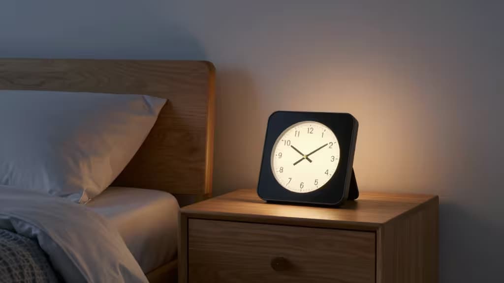 A modern smart display clock glows softly on a wooden nightstand beside a neatly made bed.
