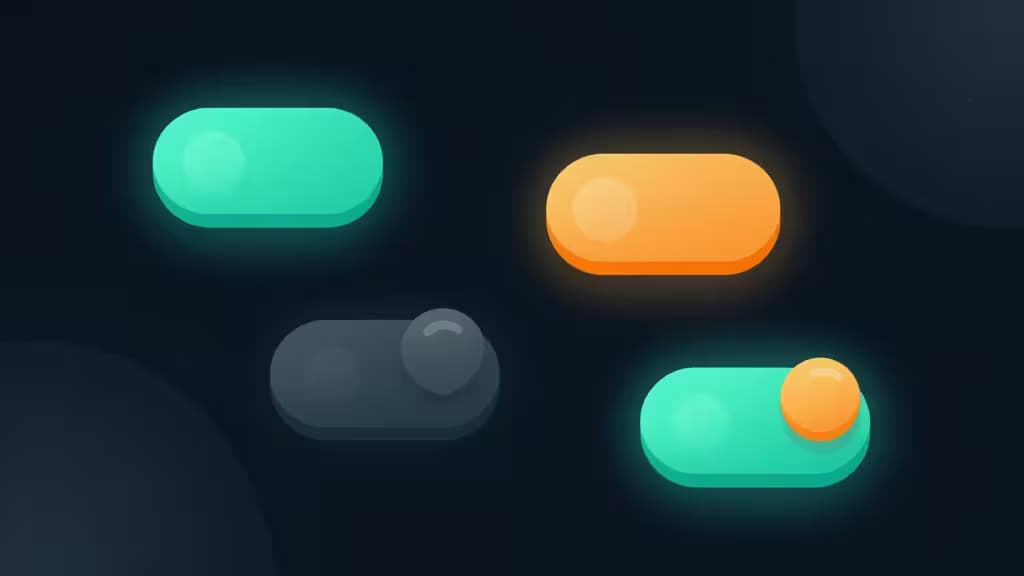 Glowing toggle switches in teal, orange, and gray float on dark background, symbolizing affordable feature flag controls for developers.