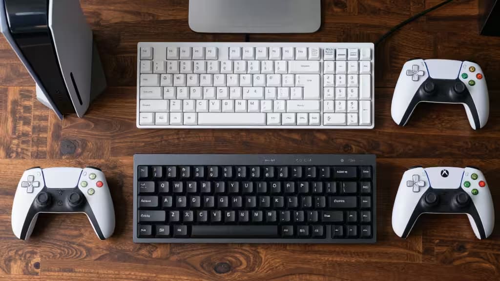 Deux claviers mécaniques et quatre manettes disposés sur un bureau en bois.