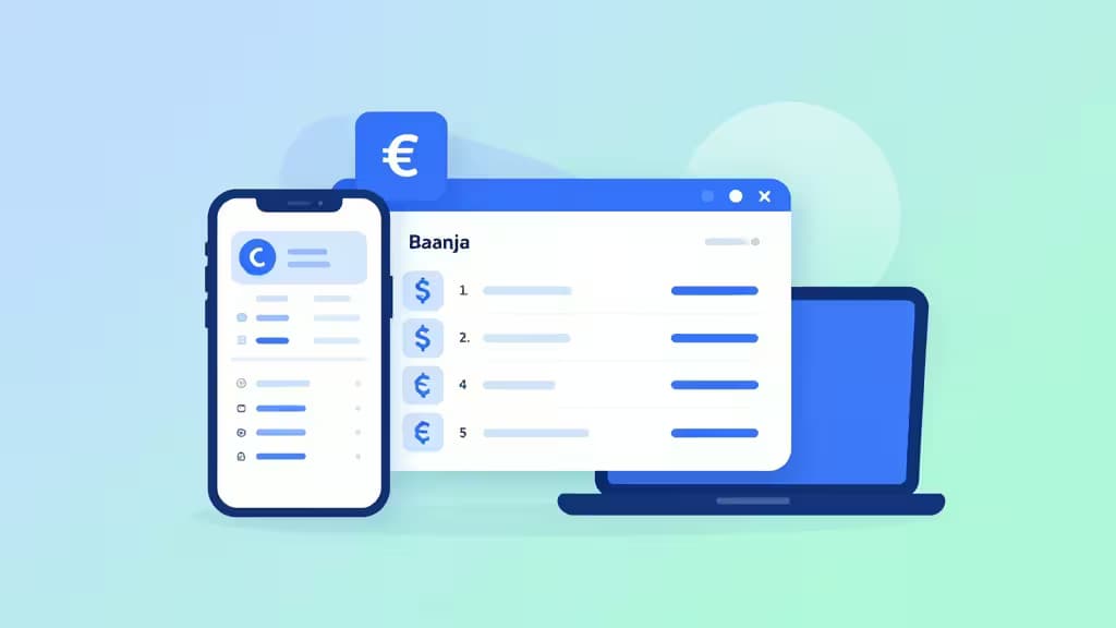 Abstrakte Illustration eines digitalen Geschäftsbanking-Dashboards auf Smartphone und Laptop mit geometrischen Formen für Finanztransaktionen und Währungssymbole