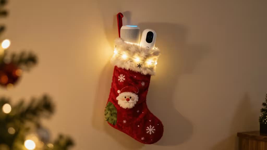 Bas de Noël rempli de petits appareils domotiques — une enceinte intelligente miniature, une caméra de sécurité compacte et une bande LED lumineuse — dans une ambiance festive et chaleureuse