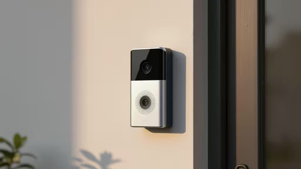 Sonnette vidéo connectée moderne fixée sur le mur d'une entrée de maison, éclairage doux du soir, photographie éditoriale de produit