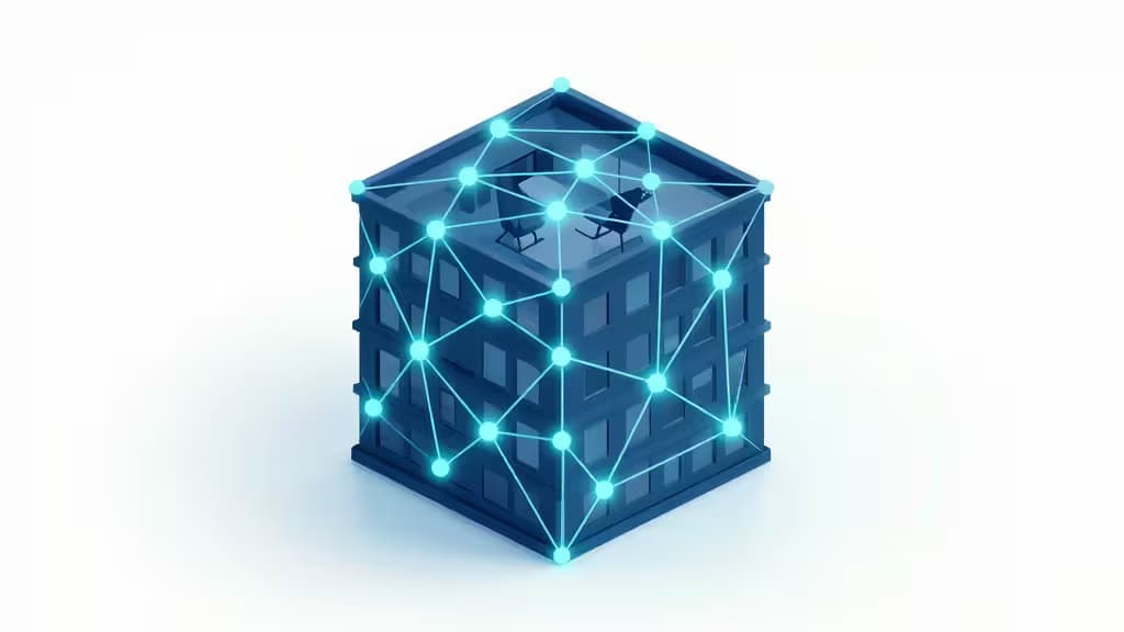 Glowing blue network nodes overlay a dark blue office building, symbolizing secure VPN protection for small business teams.