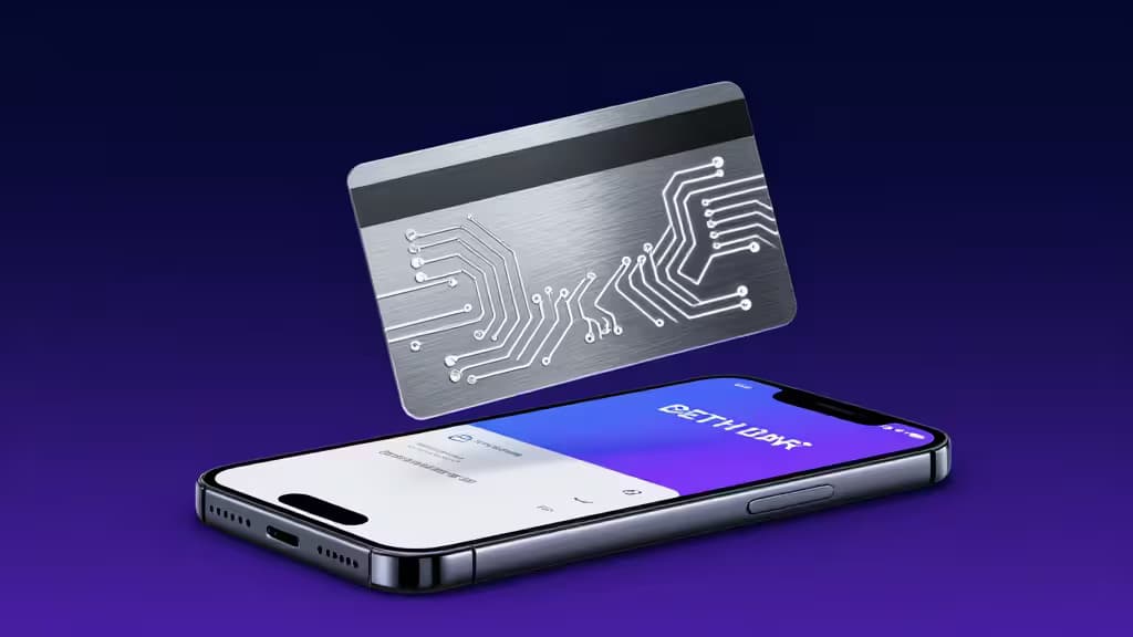 A metallic crypto card with circuit patterns hovers above a smartphone displaying 'BETHDAR' on a purple gradient background.