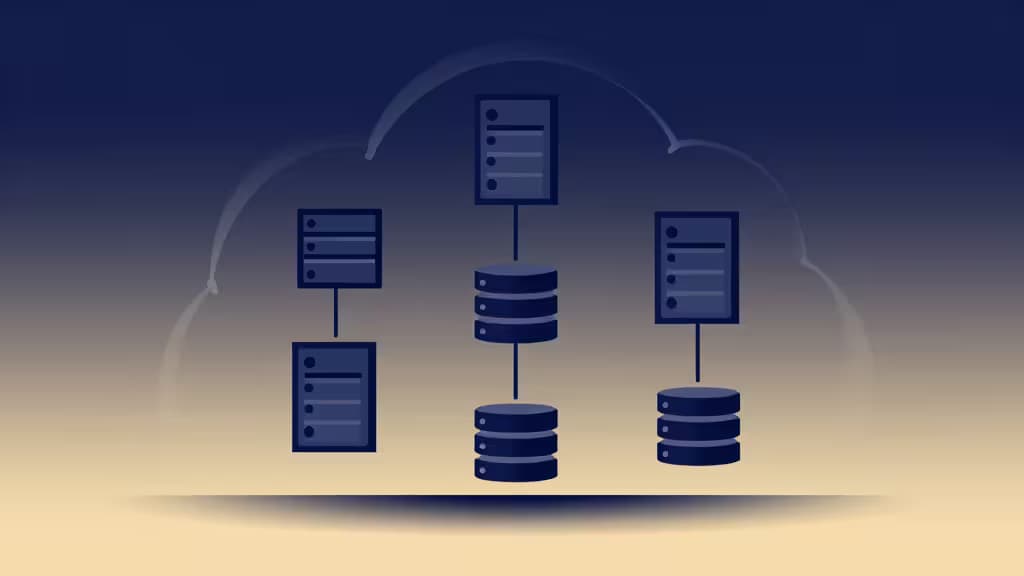 Illustration abstraite d'une infrastructure cloud backend avec des serveurs, bases de données et connexions API flottant au-dessus d'un horizon en dégradé indigo et ambre