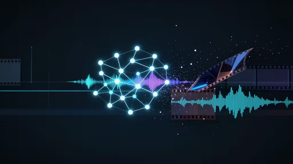 Neural network nodes merge with film strips and audio waveforms, symbolizing AI-powered video editing technology.
