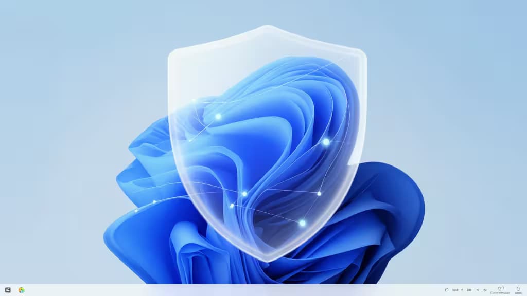 Un bouclier translucide superposé à une vague bleue abstraite, symbolisant une navigation sécurisée sur Windows 11.