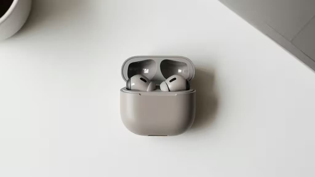 Fones de ouvido sem fio cinza fosco repousam dentro de sua caixa de carregamento sobre uma mesa branca.