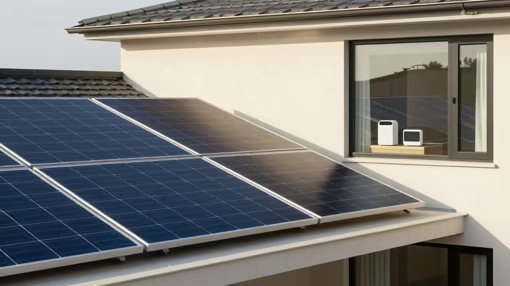 Blue solar panels cover the roof beside a window displaying white smart home devices on a wooden shelf.
