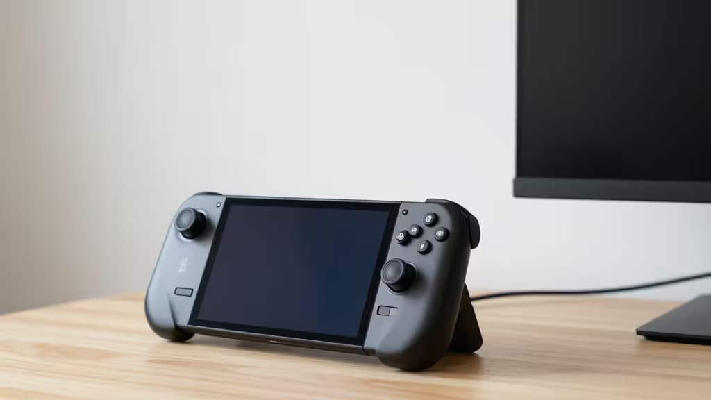 A Steam Deck OLED rests on a wooden desk, connected to a portable monitor.