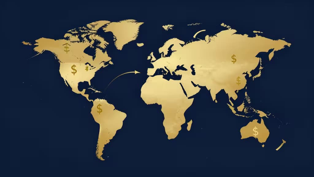 Gouden wereldkaart met dollartekens en pijlen illustreert wereldwijde geldovermakingen voor grote internationale transacties.