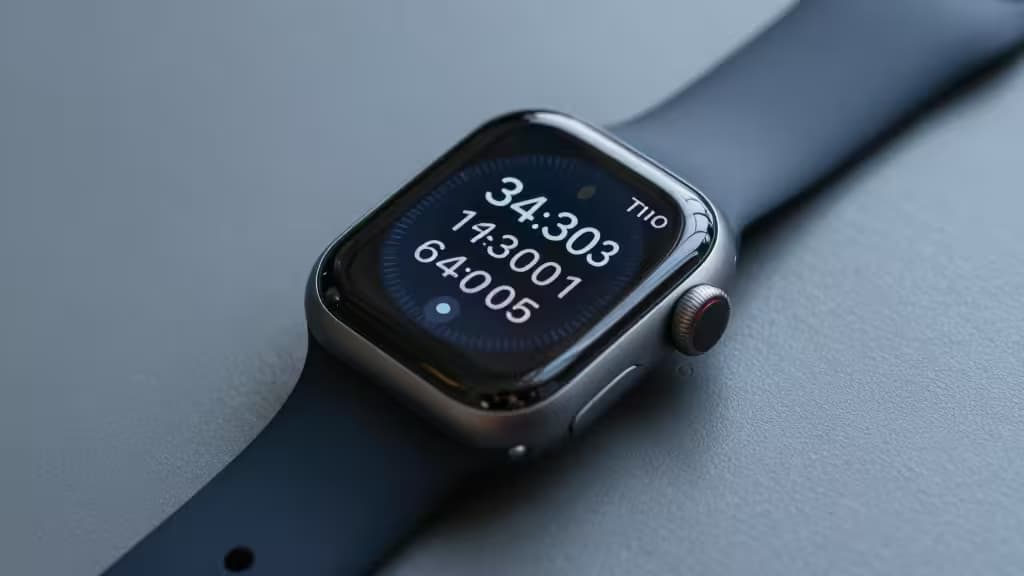 A sleek Apple Watch resting on a minimalist surface, displaying a soft-glowing two-factor authentication code in muted blue and charcoal tones.