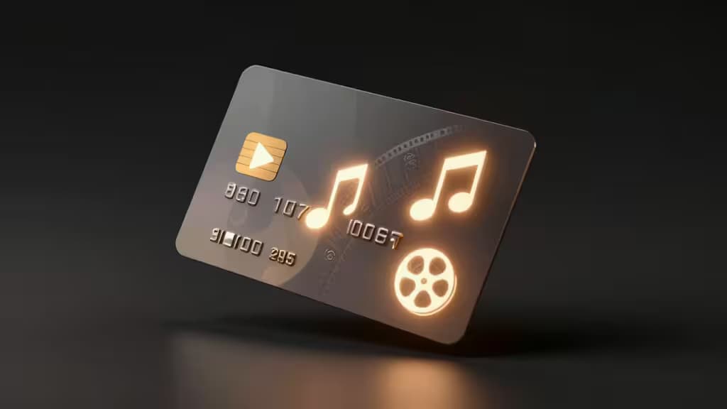 Een creditcard zwevend boven een donker oppervlak met zacht gloeiende streaming-iconen zoals afspeelknoppen en muzieknoten.