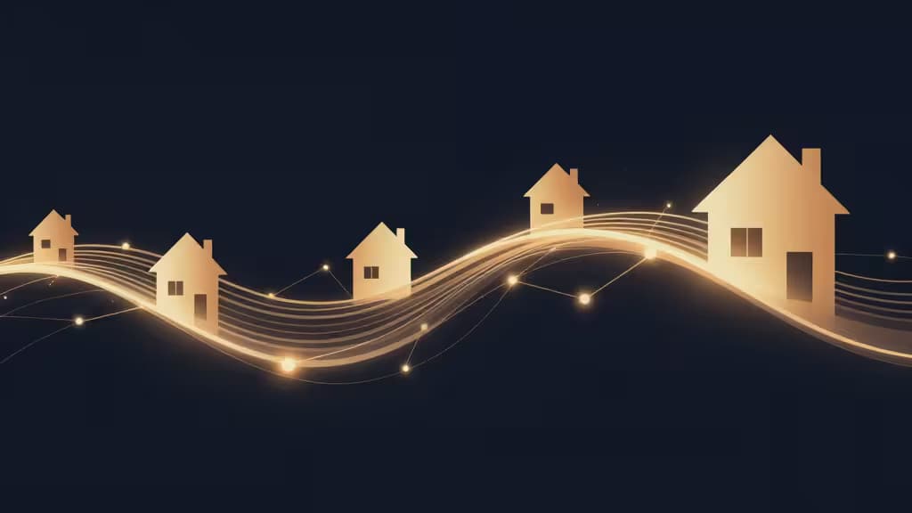 Abstract illustration of modern house silhouettes connected by glowing data streams, representing AI-powered real estate lead generation.