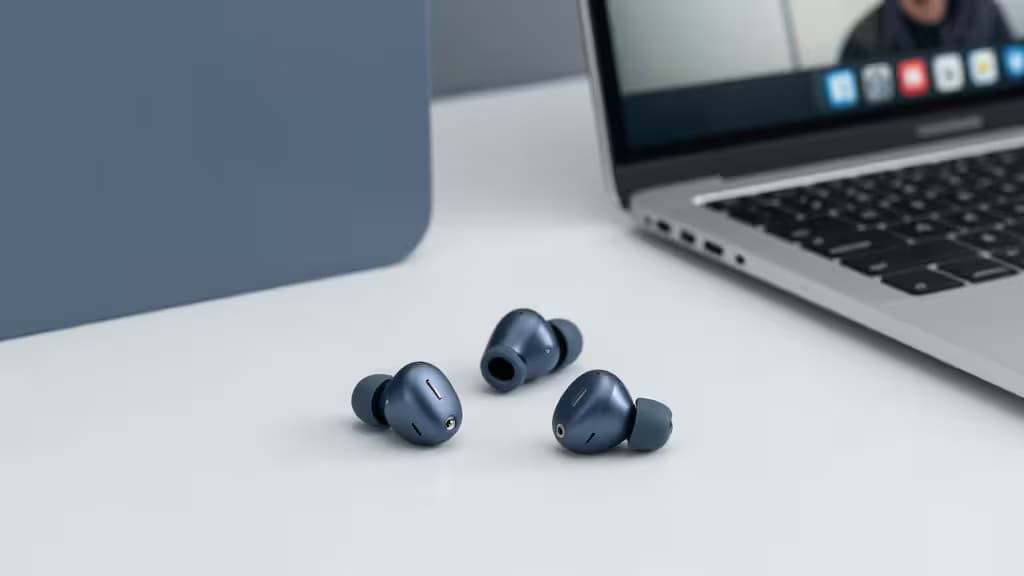 A pair of wireless earbuds resting on a minimalist desk beside a laptop displaying a video call interface, with soft natural lighting in muted blue-grey tones.