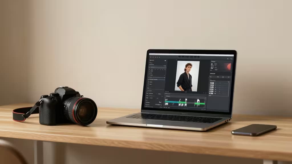A photographer's workspace with a camera and laptop displaying an AI photo editing interface, lit by soft studio lighting in a minimalist warm-toned composition.
