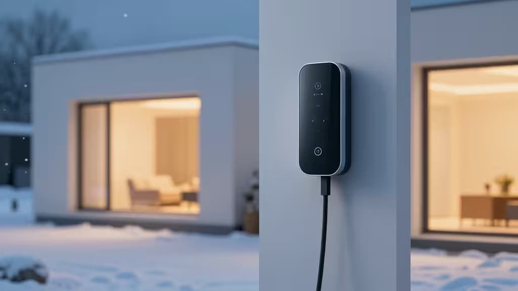 A sleek black EV charger mounted on a modern wall, with snow-covered ground and glowing windows in the background.