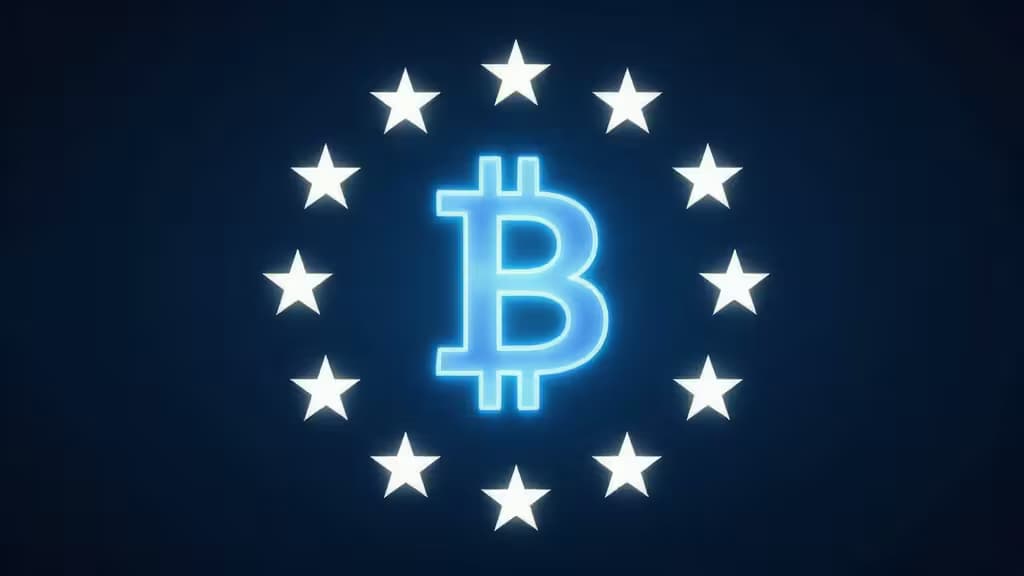Glowing Bitcoin symbol surrounded by EU stars on dark blue background.