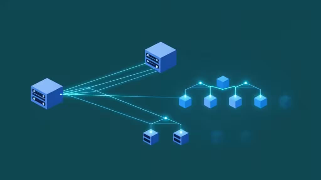 Blue server cubes branch into smaller nodes via glowing cyan lines, illustrating scalable, serverless database architecture on a dark teal background.