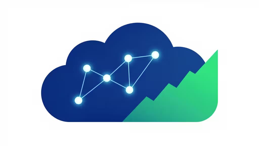 Abstrakte Illustration eines kostengünstigen KI-API-Netzwerks mit leuchtenden Knotenpunkten, Datenströmen und fallenden Preistrends in Blau-Grün-Tönen
