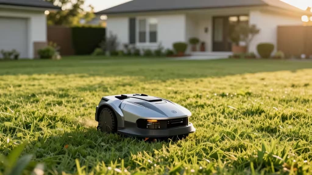 Robô cortador de relva a trabalhar num relvado suburbano bem cuidado ao pôr do sol.