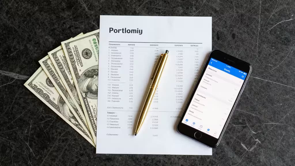 Stacked hundred-dollar bills, gold pen, and smartphone displaying finance app on marble surface.