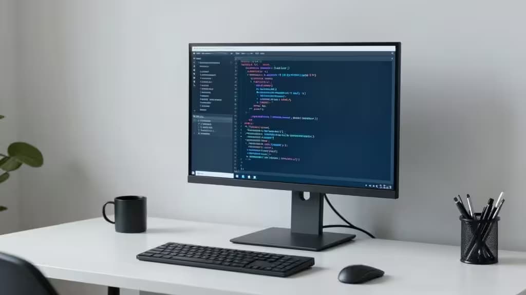 Un moniteur vertical noir affiche du code sur un bureau blanc avec un clavier, une souris et un porte-stylo.