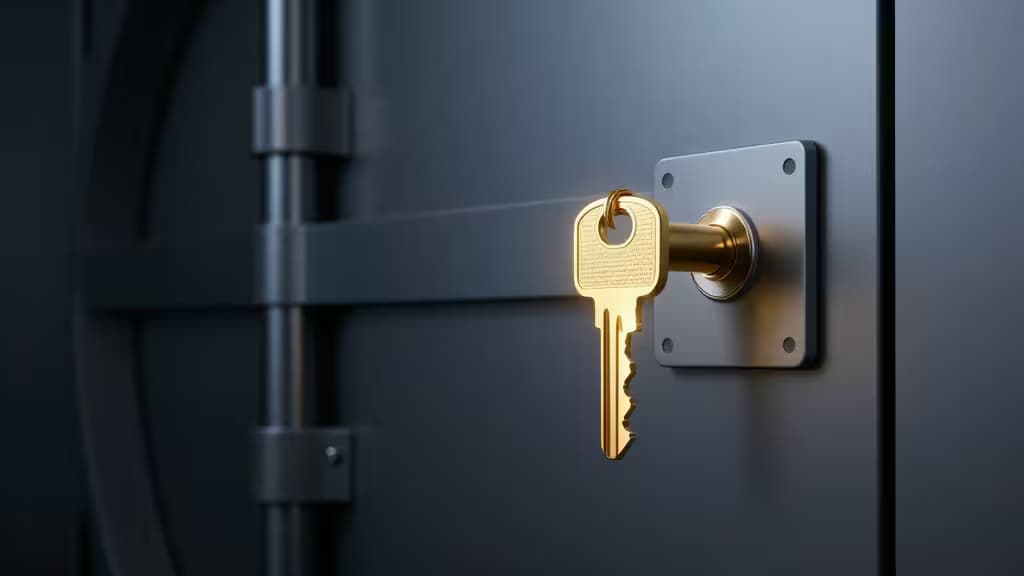 Golden key inserted into vault lock, symbolizing secure access with hardware security keys.