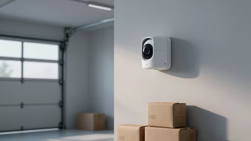A smart security camera mounted on the interior wall of a clean garage, overlooking packages on the floor below in soft evening light.