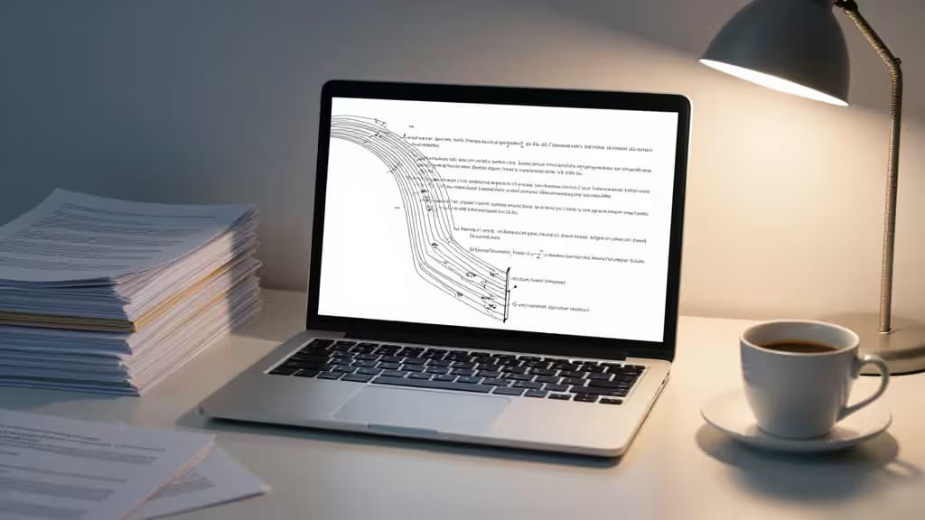 Laptop displaying academic paper, flanked by stacked documents and coffee, illuminated by desk lamp.