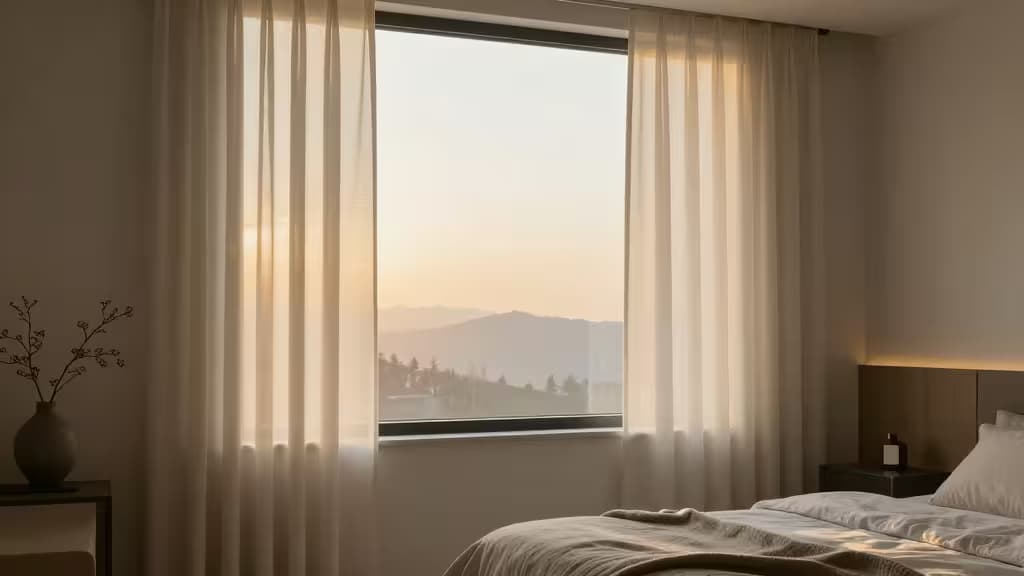 Sheer linen curtains part over a minimalist bed, framing a sunrise view through a large window in a serene Scandinavian bedroom.