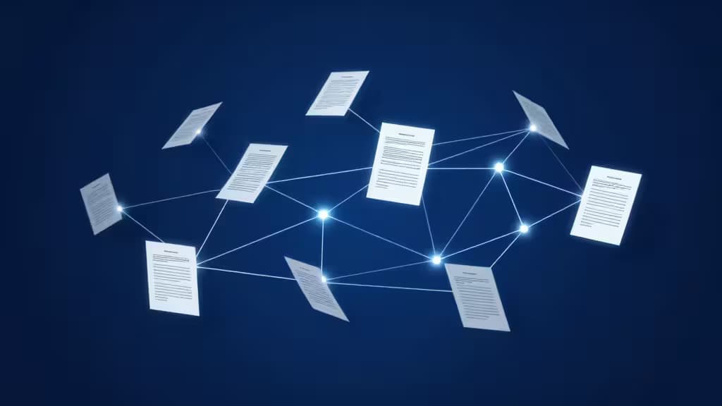 Glowing white documents float in a blue void, connected by luminous lines forming a semantic network.