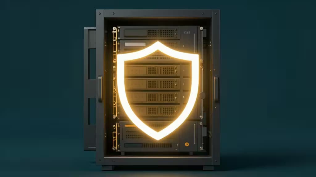 A glowing golden shield hovers inside an open server rack, symbolizing secure, self-hosted password management.