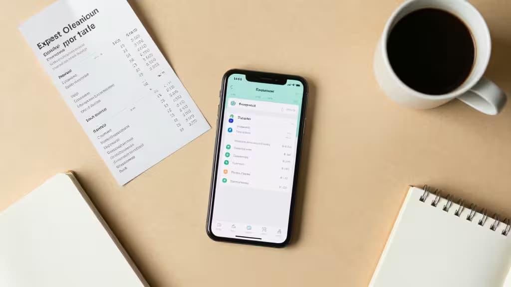 Smartfon z aplikacją do śledzenia wydatków obok paragonu, notesu i kawy na beżowym biurku.