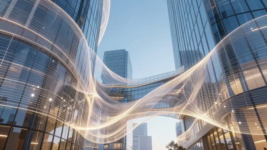 Glowing parametric curves weave through glass skyscrapers, visualizing AI-driven architectural design.