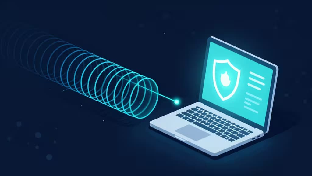 A glowing blue encrypted tunnel connects to a laptop displaying a shield icon, symbolizing secure access to AI chatbots.