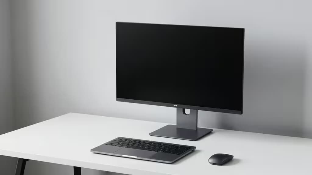 A sleek 4K monitor sits beside a MacBook on a minimalist white desk.
