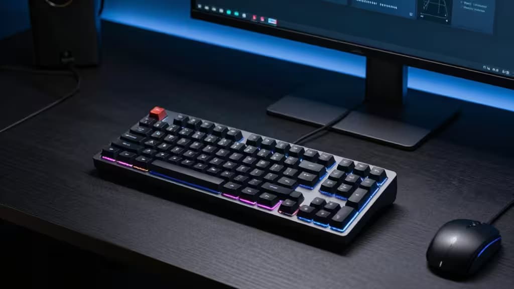 Teclado ergonómico split con iluminación RGB, teclas negras y tecla Escape roja sobre escritorio oscuro, ambiente de programador minimalista