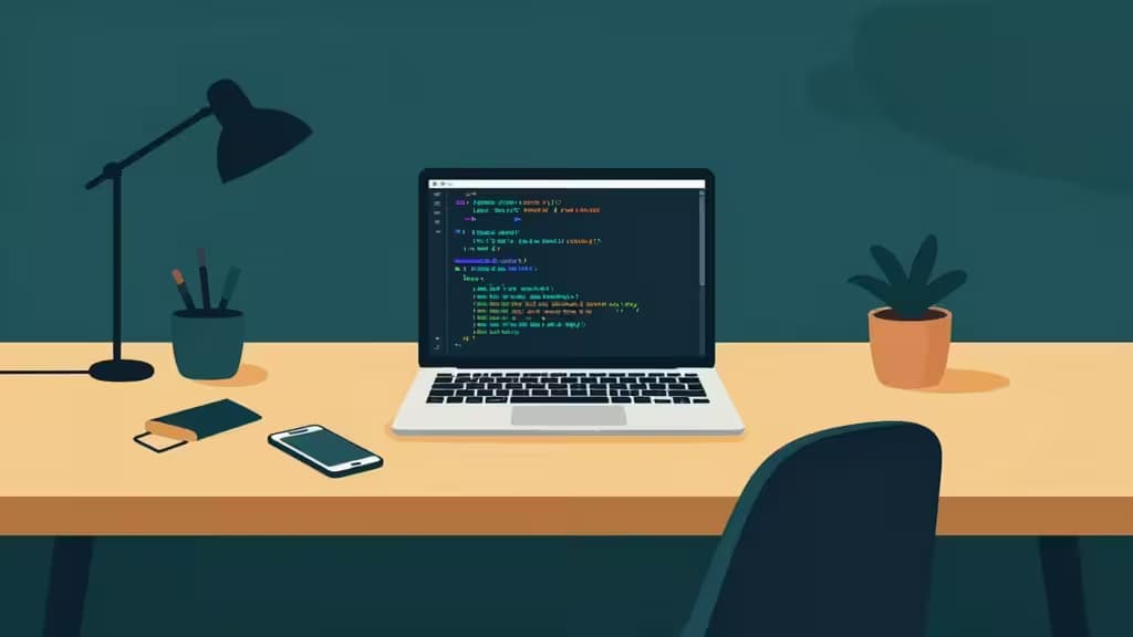 Laptop affichant du code sur un bureau minimaliste avec lampe, smartphone et plante, évoquant un environnement de travail efficace pour les fondateurs.