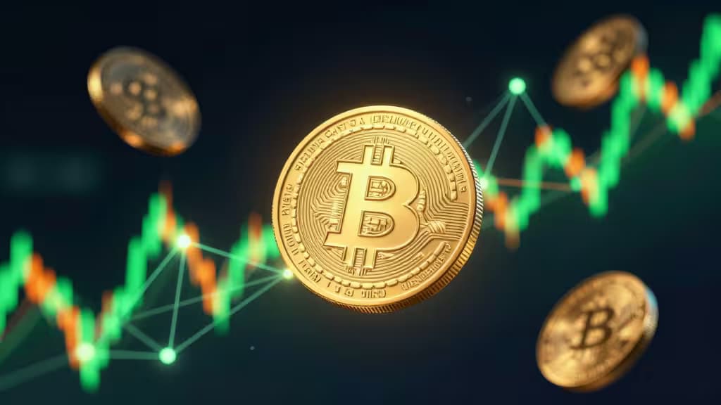 Abstrakte Illustration leuchtender Krypto-Münzen über dunklem Hintergrund mit neonfarbenen Handelschart-Linien und dezentralen Netzwerkknoten