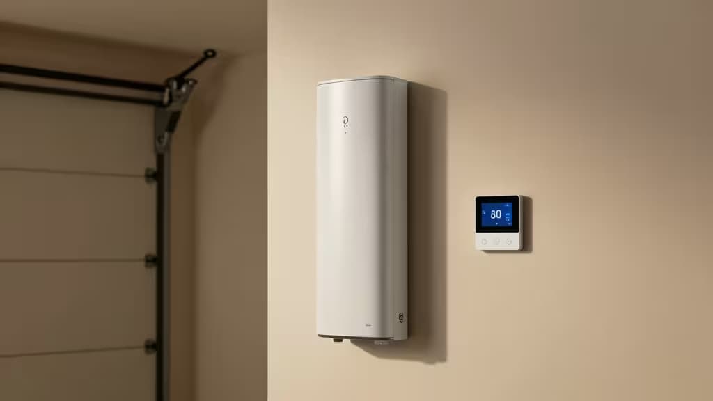 A modern smart garage interior with a wall-mounted electric heater and a glowing smart thermostat on the wall, illustrating Wi-Fi thermostat control of garage heating.