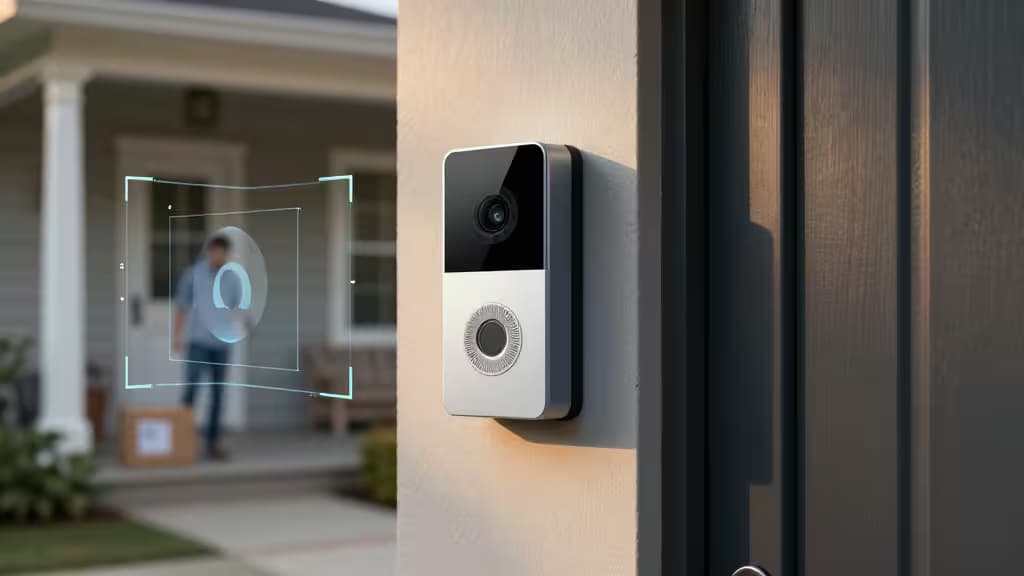 Telecamera campanello smart montata su una porta d'ingresso moderna con overlay AI per rilevamento persone e pacchi sul porticato
