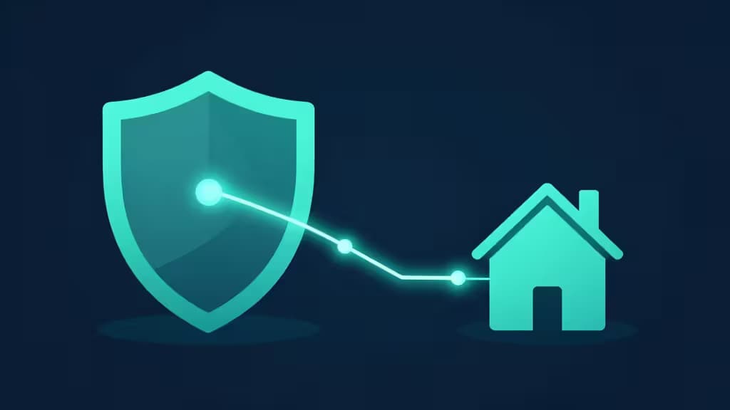 A glowing shield connects to a home via a secure digital tunnel, symbolizing encrypted remote access to a private network.