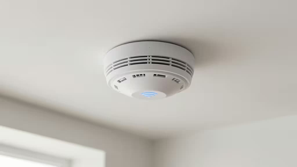 Rilevatore di fumo smart montato sul soffitto bianco di una casa moderna, con luce naturale soffusa e segnale WiFi visibile