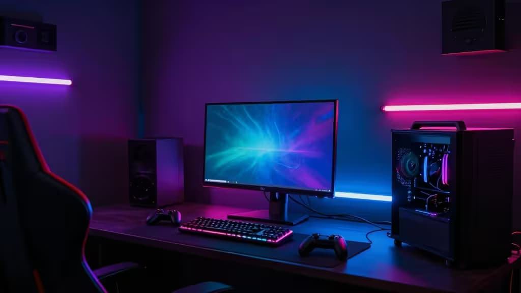 Gaming PC, RGB keyboard, and monitor sync with purple and pink LED strips.