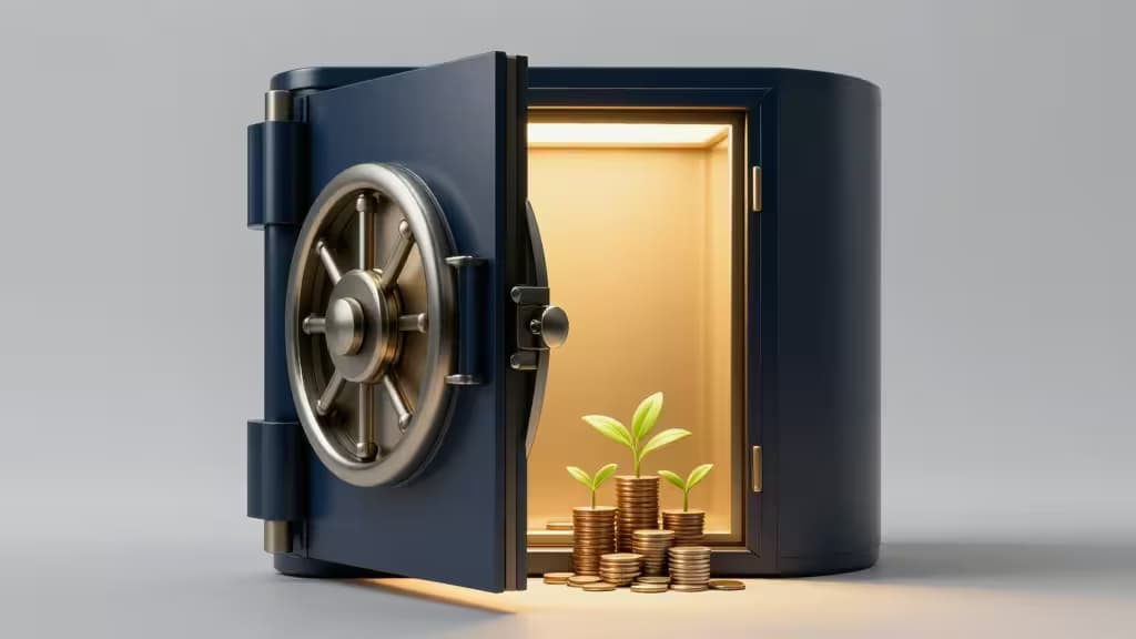 Cofre bancário moderno entreaberto com luz dourada e moedas crescendo, simbolizando crescimento de poupança empresarial protegida