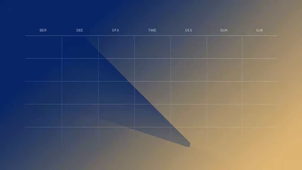 Une grille calendrier aux dégradés bleu-vers-or avec colonnes étiquetées se dissolvant en un coin géométrique flottant et net.