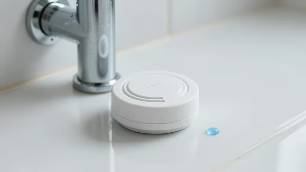Capteur de fuite d'eau connecté blanc posé sur du carrelage brillant à côté d'un tuyau chromé, avec une goutte d'eau bleue à proximité.