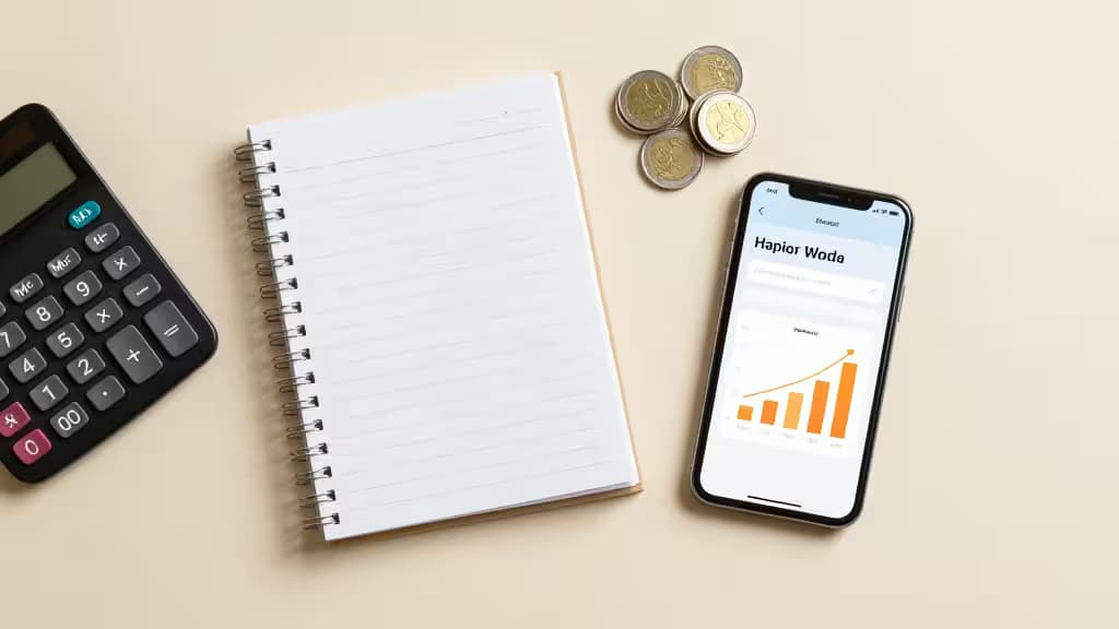 Calculator, notebook, coins, and smartphone displaying growth chart on beige surface.